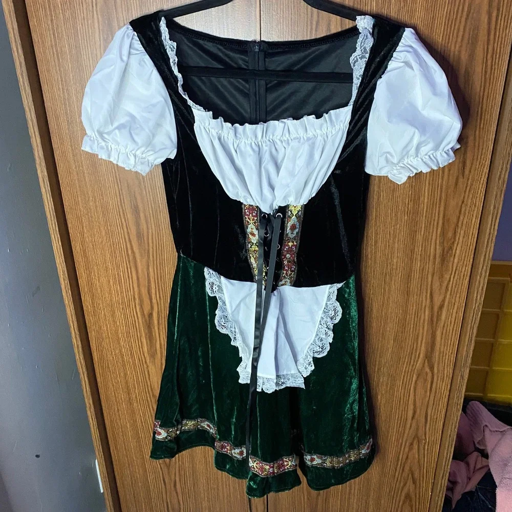 German Dirndl Costume Kids Size Medium Green Black Velvet Lace Trim